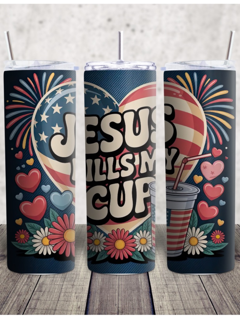 Hand Crafted Patriotic 'Jesus Fills My Cup' Navy Multi-Color Tumbler
